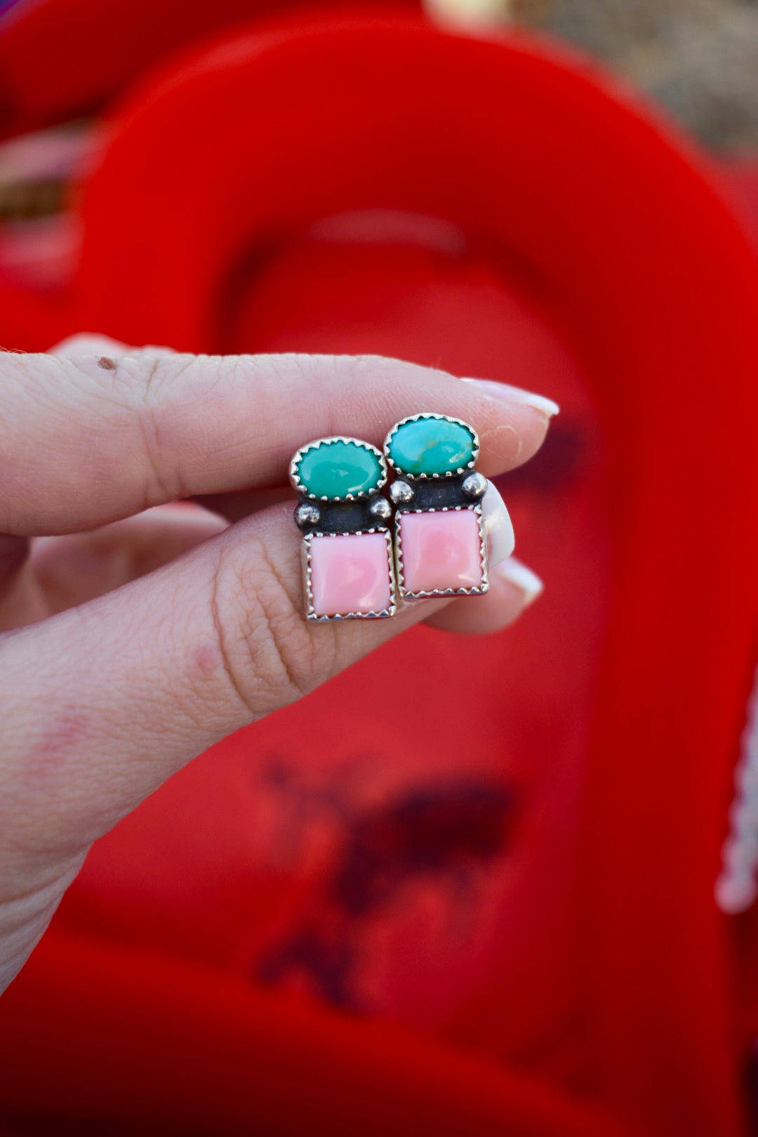 Pink Conch & Kingman Turquoise Studs